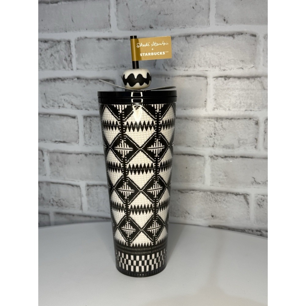 NEW - 2025 Starbucks Tumbler 24 Oz Shade Akanbi Black &‎ White Silicone Topper